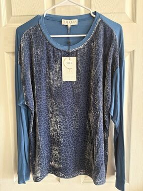 Hale Bob Blue Velvet-Textured Long Sleeve Silk Front Top